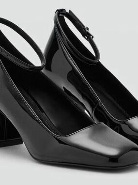 Mango Black Patent Ankle-Strap Block-Heel Pumps